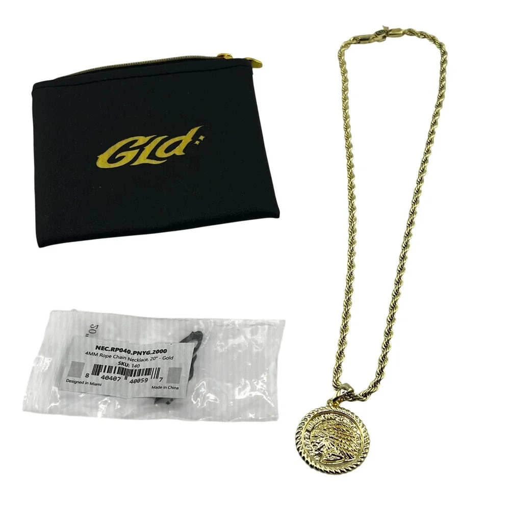 GLD 4MM Rope Chain Necklace 20‎ Inch Gold Tone w/ Chief Coin Pendant Mens